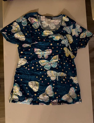 Cherokee Multicolor Butterfly Scrub Top Blue Women’s Size XS - Image 1 of 3