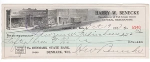BECKE GENERAL STORE DINAMARCA WI 1927 CHEQUE CON VIÑETA DE ESCENA CALLEJERA  - Imagen 1 de 1
