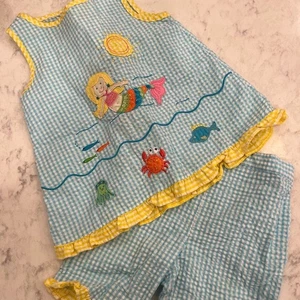 Mermaid Embroidered Blue and Yellow Gingham Set vintage y2k - Picture 1 of 3