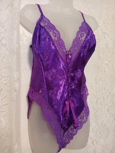 Vintage 80s Purple Satin Wet Look Floral Lace Hi-Cut Teddy Bodysuit Lingerie XL - Picture 1 of 7