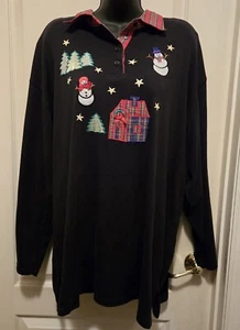 Appliqued Christmas Sweater  Collared Vintage Karen Scott Women's 2X Black Tunic - Picture 1 of 5