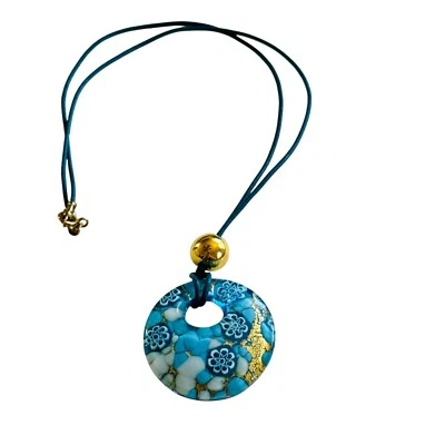 复古 Murano Millefiori 珍珠蓝领项链金色斑点艺术玻璃意大利 18L — 第 1/4 张图片