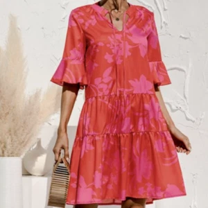 QINCAO Womens Size Sm Loose Tiered Babydoll Ruffled Sleeve Dress ~ Coral & Pink - Picture 1 of 5