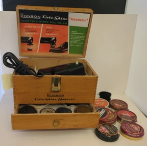 VTG Ronson Roto-Shine Magnetic Electric Shoe Polisher Kit In Wood Case Tested - Picture 1 of 19