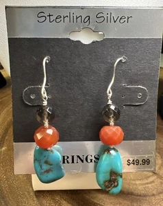 Sterling Silver 925 Dangle Drop Earrings Torquoise Carnelian Quartz - Picture 1 of 7