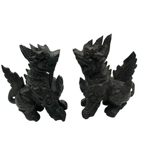 Vintage Pair Carved Wooden Foo Dogs Temple Lion Dogs Chinese Figures Collectable - Picture 1 of 12
