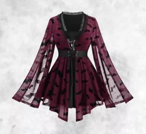 New Black & Burgundy Gothic Bat Flocked Slit Sleeve Blouse Top size 3XL 22 24 26 - Picture 1 of 5