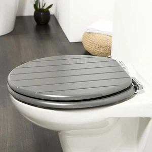 Wood Wooden Grey Toilet Seat Strong Silver Hinges Loo Seats Fittings Included - Picture 1 of 5