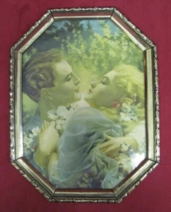 ANTIQUE FRAMED FIRST KISS LITHOGRAPHY LITHO PRINT PAINTING - Picture 1 of 8