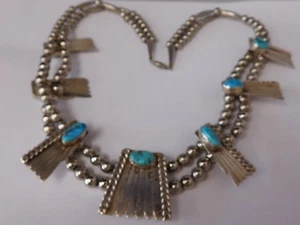 Vintage Turquoise & Sterling Silver Native American Signed RT Necklace 24in - Picture 1 of 7