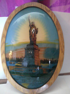 Reverse Painted Glass Statue of Liberty Painting, Oval Convex Bubble Glass Art
