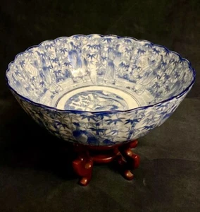 18th-C Edo Japanese Blue White Fruit Bowl Scholars Amid Bamboo Stalks 14”D 10Lbs - Picture 1 of 12