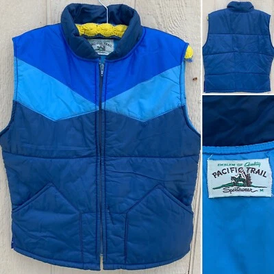 Colete acolchoado vintage Pacific Trail Sportswear azul color block anos 70 anos 80 tamanho M - Imagem 1 de 4