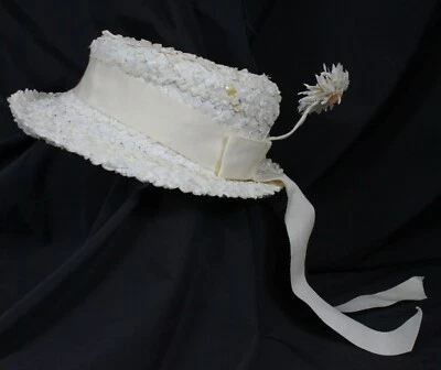 Vtg Cloche Bowler Hat Woven Woven Grosgrain Ribbon Tail Stand Up Flower Perky - Image 1 of 4
