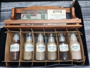Vintage John Wagner and Sons Apothecary 6 Glass Bottles with Wood Spice Rack - Picture 1 of 6
