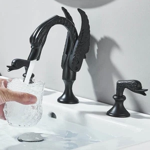 8" Mitte Schwarz Schwan Stil Badezimmer Waschtisch Wasserhahn 3 Löcher Waschtisch Waschtisch Mischbatterie - Bild 1 von 18