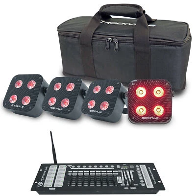 Rockville 4 PACK MINI RF4 V2 BLACK DJ Wash Up Lights+App+Wireless DMX Controller - Image 1 of 4
