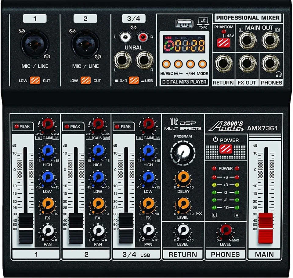 Audio2000'S AMX7361 Four Channel Audio Mixer with USB 5V Power Supply USB/PC-MR - Image 1 of 3