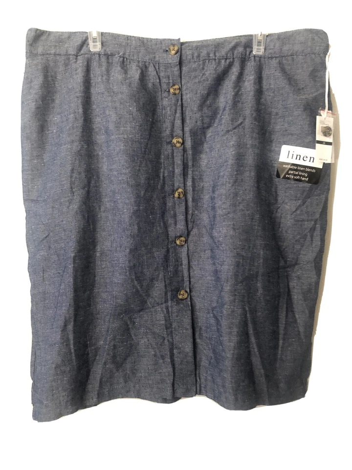 Dash Women's Size 2X Linen Rayon Tetron Button Front Skirt Blue Down Stripes