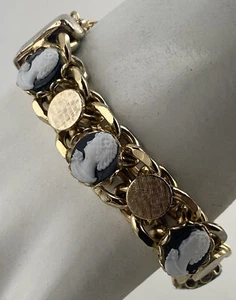 Vintage White On Black Cameo Gold Tone Link Heavy Bracelet - Bild 1 von 20