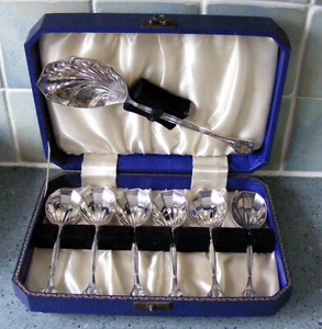 JUEGO VINTAGE DE 6 CUCHARAS DE POSTRE ART NOUVEAU PLATO DE PLATA Y CUCHARA PARA SERVIR 1924 - Imagen 1 de 7