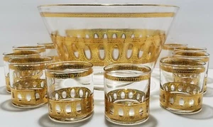 MCM CULVER ANTIQUE TUMBLER 10 ROCK GLASSES ICE BUCKET 22K GOLD COCKTAIL - Picture 1 of 8