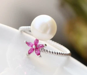 Anello In Perla Di Acqua Dolce Rosa Con Fiore In Argento Sterling 925 Regolabile - Imagen 1 de 10