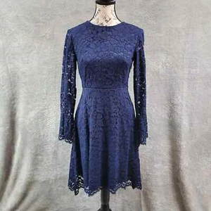 Betsey Johnson Dress Womens 2 Navy Blue Lace Embroidered Fit Flare Bell Sleeve - Picture 1 of 18