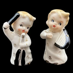 2 Vtg Japan Christmas Angel Figurines Gold Trim Harp Violin Musical Instruments - Picture 1 of 13
