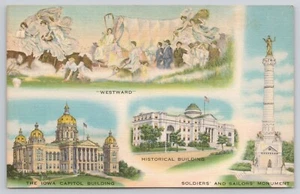 Iowa State Capitol Soldiers Sailors Monument Westward Covered Wagon Postcard - Picture 1 of 2