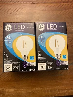 2x GE 24601 G25 LED Globe Bulb Clear Soft White 5 Watts 500 Lumens Replaces 60W - Image 1 of 2
