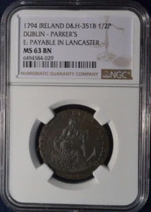 1794 Dublin Ireland Conder 1/2 Penny D7H-351B NGC MS 63 BN - Picture 1 of 2