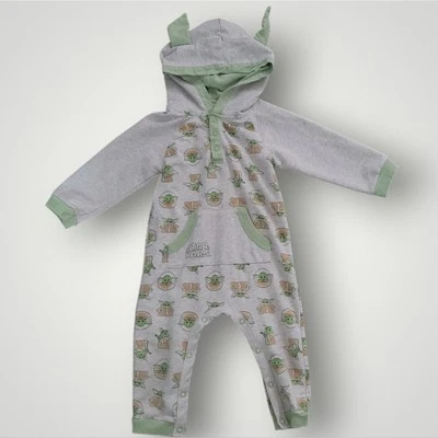 Starwars Baby Yoda Grogu One Peice Outfit 12m Hooded Ears Disney All Over Print - Image 1 of 4