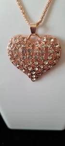 Rhinestone Inlaid Large Heart Charm Necklace Rose Gold Alloy - Picture 1 of 8