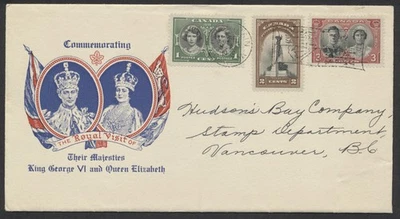 1939 #246-248 Royal Visit FDC Hudsons Bay Stamp Dept Cachet Royal Train Flag Foto 1 de 2