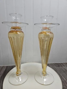 Vintage Pair of VENETIAN MURANO Clear & Amber Glass Candle Holders Estate Find - Picture 1 of 14