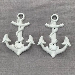 Nautical Ship White 8" Anchor Hooks~Cast Iron~Set of 2 - Beach Lake River Decor - Picture 1 of 10