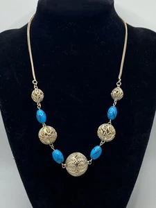 Turquoise & Sterling Silver 925 Filigree Ball Bead 16 Necklace - Picture 1 of 3