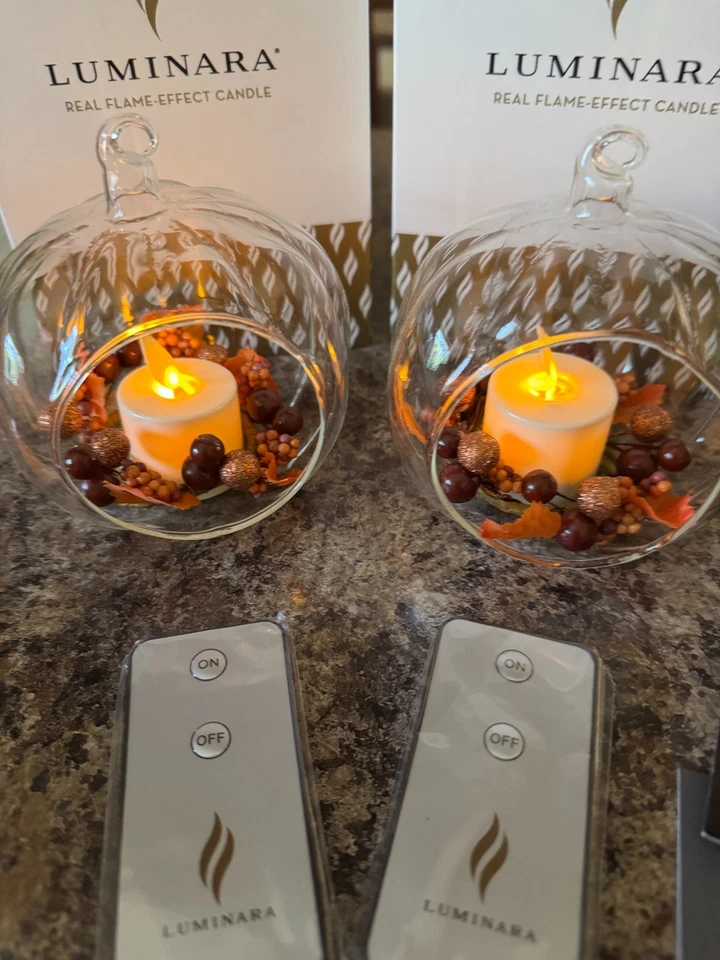Luminara Fall Harvest Pumpkin Lot of 2 Glass Ornaments Flameless Candle & Remote - Image 1 of 4