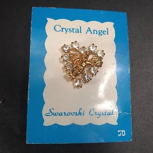 Vintage Swarovski Crystal Angel Pin Retro Gold Tone Dangle Lapel Hats Tie Tac - Picture 1 of 4