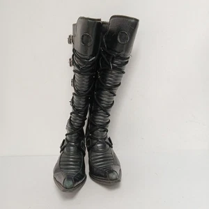 New Rock Long Heel Boots Size 6 Womens Black Metal Heel Leather Strappy -WRDC - Picture 1 of 9