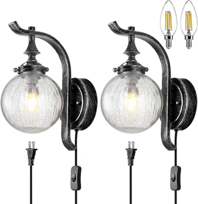 Globe Glass Wall Sconce Set of 2, Farmhouse Vintage Plug in Wall Light Fixtures Foto 1 de 4