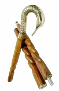 Solid Golden Swan Head Handle Vintage Antique Wooden Walking Stick Cane Gift - Picture 1 of 7