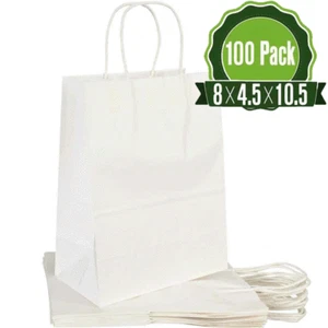 100 pcs paper bags white kraft bag with handles gift Retail Merchandise shopping - Picture 1 of 4
