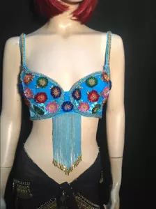 Velvet w/ Flowers~BRA TOP~Large 36D~Carnival~Club~Renn~Belly Dance~U Pick Color - Picture 1 of 6