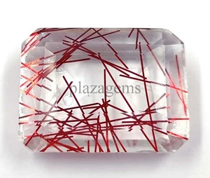 Red Rutilated Quartz 81.5 Ct Emerald Cut Transparent Certified Gemstone 5ARI - Picture 1 of 8