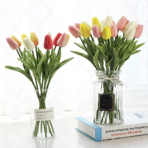 24Pcs Multicolor Artificial Tulips Flowers Fake Faux PU Tulip Bouquet Real To... - Picture 1 of 12