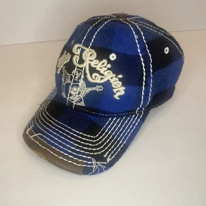 RARE True Religion Distressed Buddha Logo Embroidered Blue Plaid Strapback Hat - Picture 1 of 10