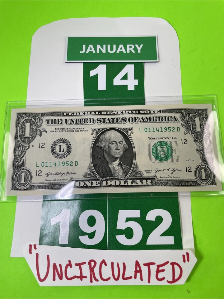 One Dollar Birthday Note January 14 1952. Uncirculated. Fancy Serial Number - Image 1 of 4