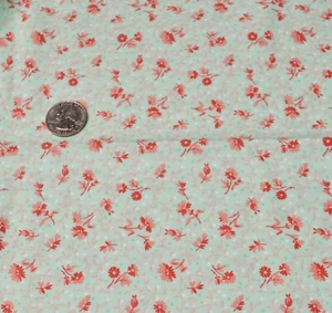 Classic Cottons Fabric Aqua Red Calico Vintage 1 1/3 Yard - Picture 1 of 2